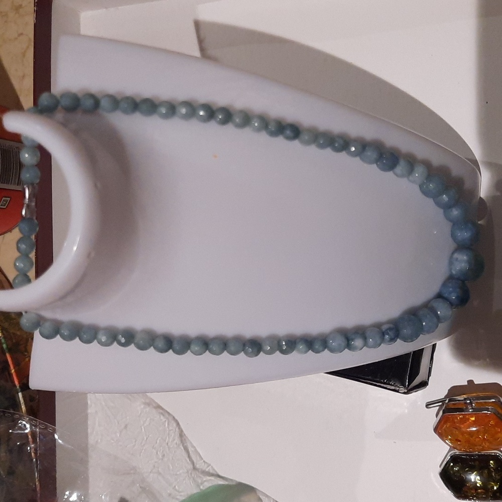 New Genuine Faceted Aquamarine March Birthstone Beaded Necklace 17" Rhodium